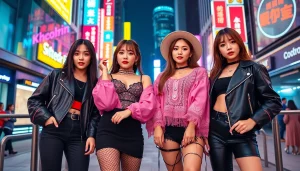 blackpink members showing off their styles in a vibrant city setting.