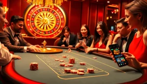 Excited players engaging in high-stakes games at a luxurious casino, featuring 555win com elements.