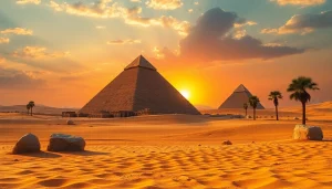 Pyramids in a serene desert at sunset with the Great Pyramid as the centerpiece.