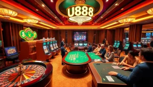 U888 players engaging in a lively casino atmosphere with roulette and slot machines.