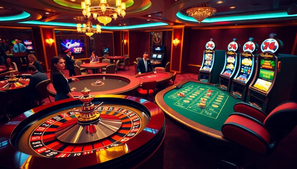 Engaging casino scene showcasing the excitement of gambling at hay.win with roulette, poker, and slot machines.