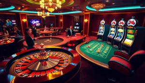 Engaging casino scene showcasing the excitement of gambling at hay.win with roulette, poker, and slot machines.