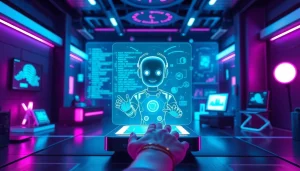 Innovative scene featuring a friendly AI chatbot interface for free nsfw ai applications, showcasing advanced technology.