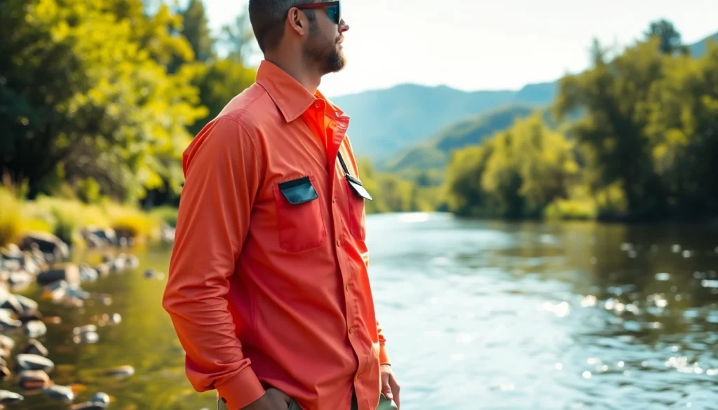 Angler showcasing high-quality fly fishing apparel by a peaceful river setting.