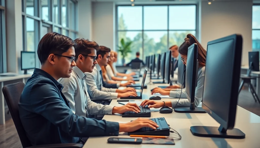 Enhance your skills at a top typing center with professionals typing in a modern office.