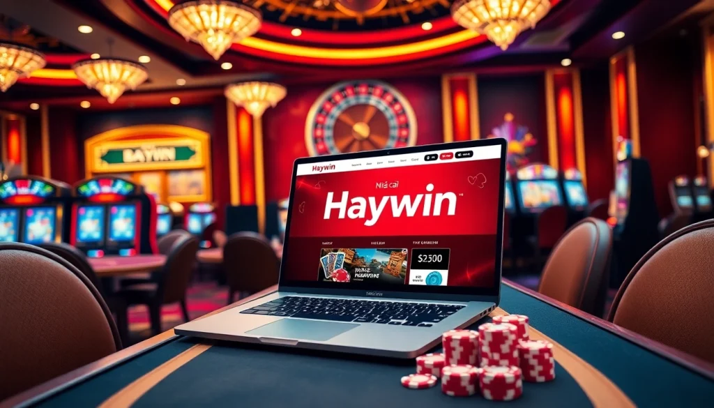 Experience the thrill of Nhà cái Haywin in a luxurious online casino atmosphere with vibrant gaming elements.