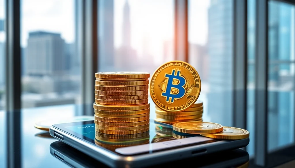 Achetez bitcoin avec une application moderne sur un smartphone dans un bureau urbain lumineux.