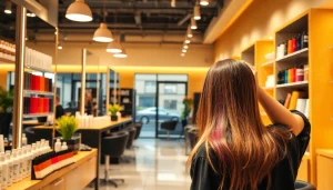 Salon vopsit Bucuresti, beautician applying color to customer's hair with vibrant surroundings.