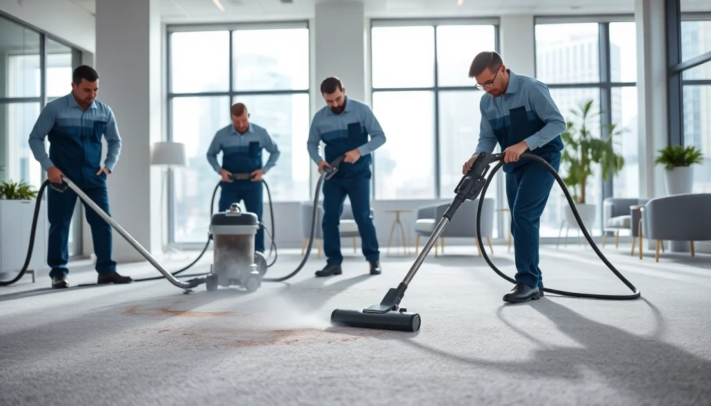 Experience effective commercial carpet cleaning with professional technicians in a bright office.