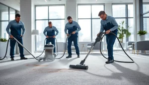 Experience effective commercial carpet cleaning with professional technicians in a bright office.