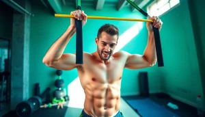 Fit individual performing pull-up resistance bands exercise in a vibrant gym setting.