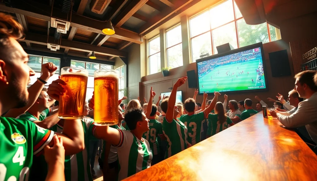 مشجعون متحمسون يستمتعون بكورا لايف في بار رياضي يعج بالحركة أثناء مباراة كرة قدم مباشرة.