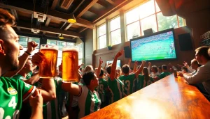 مشجعون متحمسون يستمتعون بكورا لايف في بار رياضي يعج بالحركة أثناء مباراة كرة قدم مباشرة.