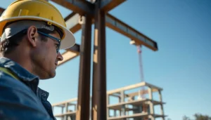 Team performing structural steel installation at a construction site with safety gear.