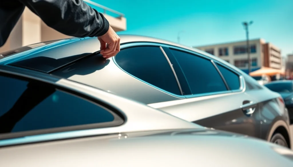 Discover the best window tint Chattanooga TN being expertly applied to a sleek car under bright sunlight.
