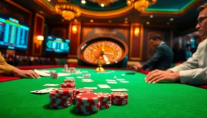 Vibrant casino scene showcasing Nhà cái Haywin's exciting gaming environment with poker chips and roulette.