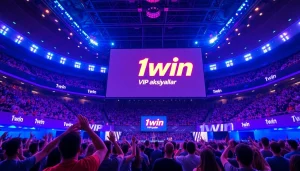 1win VIP aksiyalar təqdimatı olan energetik idman arenasında insanların sevinclə dolması.