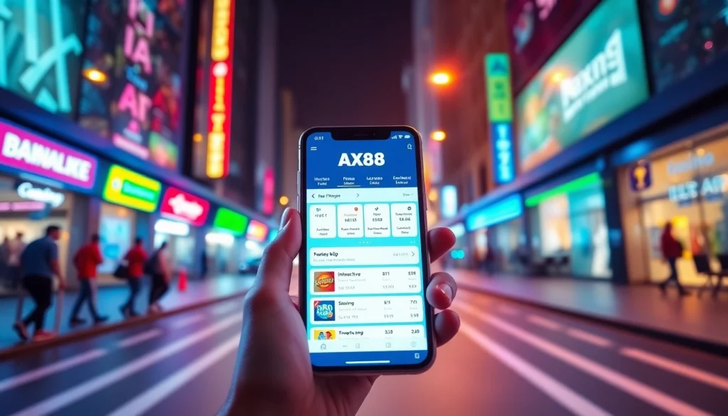 Giao diện ứng dụng AX88 tương tác hiển thị trên điện thoại thông minh, nêu bật các tính năng cho cá cược hiện đại.