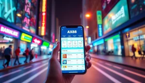 Giao diện ứng dụng AX88 tương tác hiển thị trên điện thoại thông minh, nêu bật các tính năng cho cá cược hiện đại.