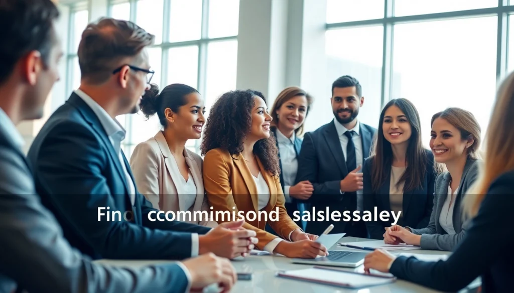 Engaged team meeting to find commission-only salespeople in a modern office.