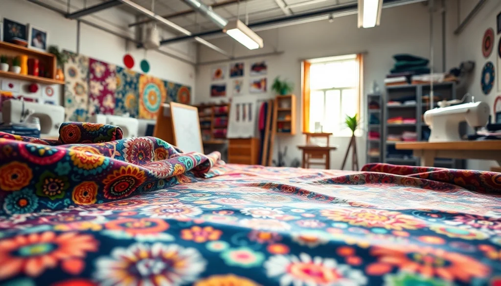 Ontdek hoogwaardige bedrukte katoenen stoffen met levendige kleuren en patronen in een creatieve studio.