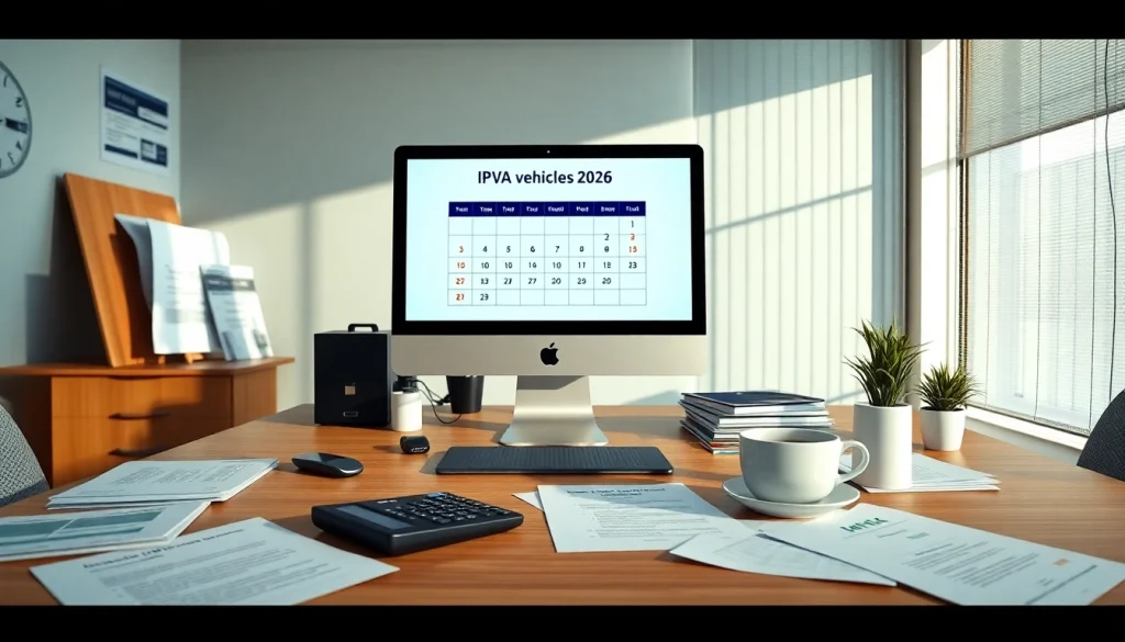 IPVA GO 2026 calendar displayed in a modern office setting.