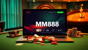 Engaging scene of MM88 online gambling with poker chips and casino tables showcased in an elegant setup.