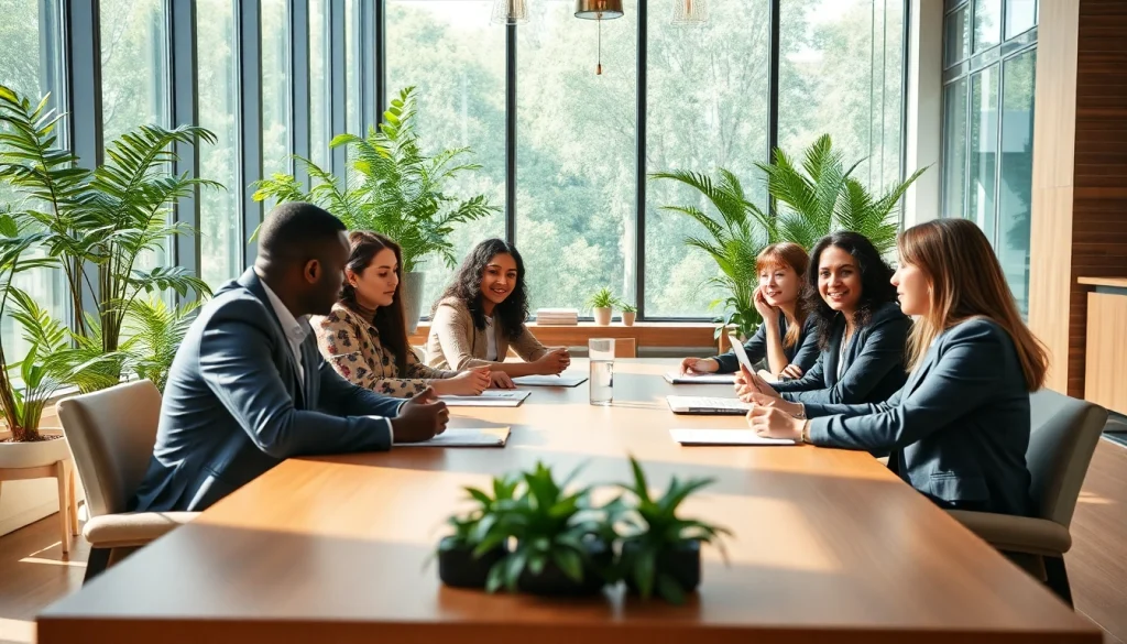 Environmental law firm professionals collaborating in a modern office setting.