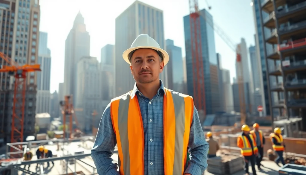 New York City Commercial General Contractor managing a construction site with skyscrapers in view.