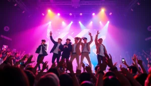 Catch the latest BTS news with members performing on stage amidst vibrant fans.
