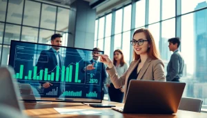 Visualizing business growth insights through collaboration in a modern office.