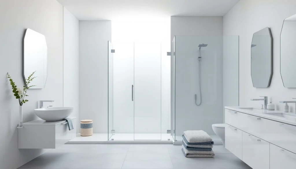 Admire sunney shower doors in a modern bathroom with sleek design and natural lighting.