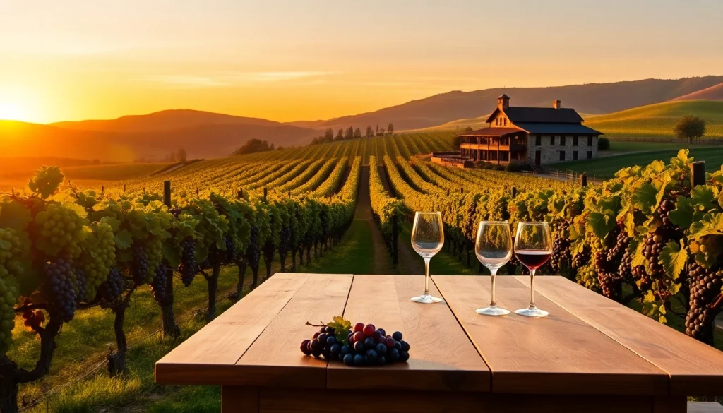 Savor the charm of Sacramento Wineries with a stunning vineyard landscape at sunset.