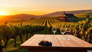 Savor the charm of Sacramento Wineries with a stunning vineyard landscape at sunset.
