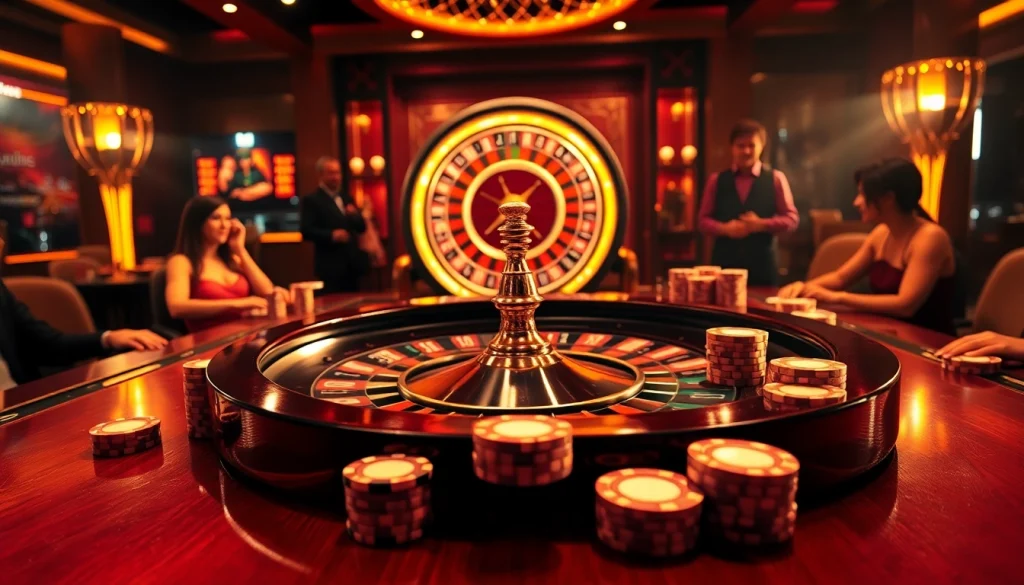 Experience the thrill of RR88 with players winning at an extravagant casino table filled with vibrant chips and cards.