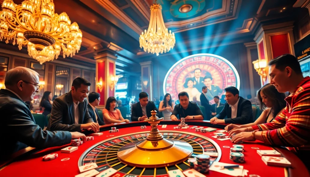 Experience the thrill of link mahjong in a vibrant casino atmosphere with players at a roulette table.