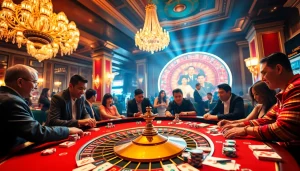 Experience the thrill of link mahjong in a vibrant casino atmosphere with players at a roulette table.