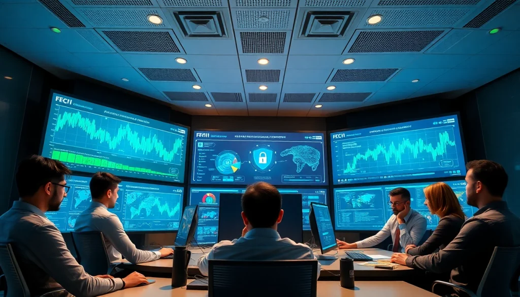 Cybersecurity AI team analyzing data in a modern tech workspace.