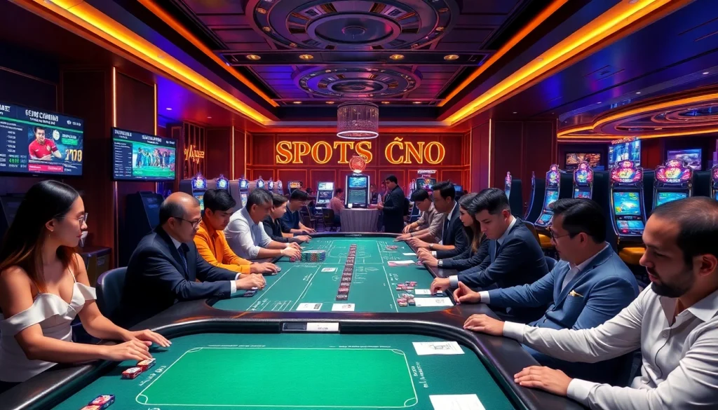 Engaging players at a vibrant PS99 thể thao betting table in a luxurious casino.