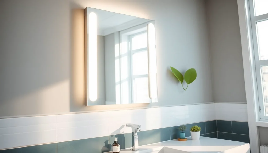 Refresh your space with a stylish mirror with lights illuminating a modern bathroom environment.