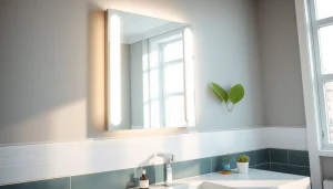 Refresh your space with a stylish mirror with lights illuminating a modern bathroom environment.