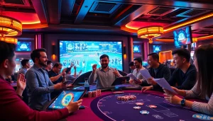 Watch Trực tiếp esports excitement in a luxurious casino betting area with engaged gamblers.