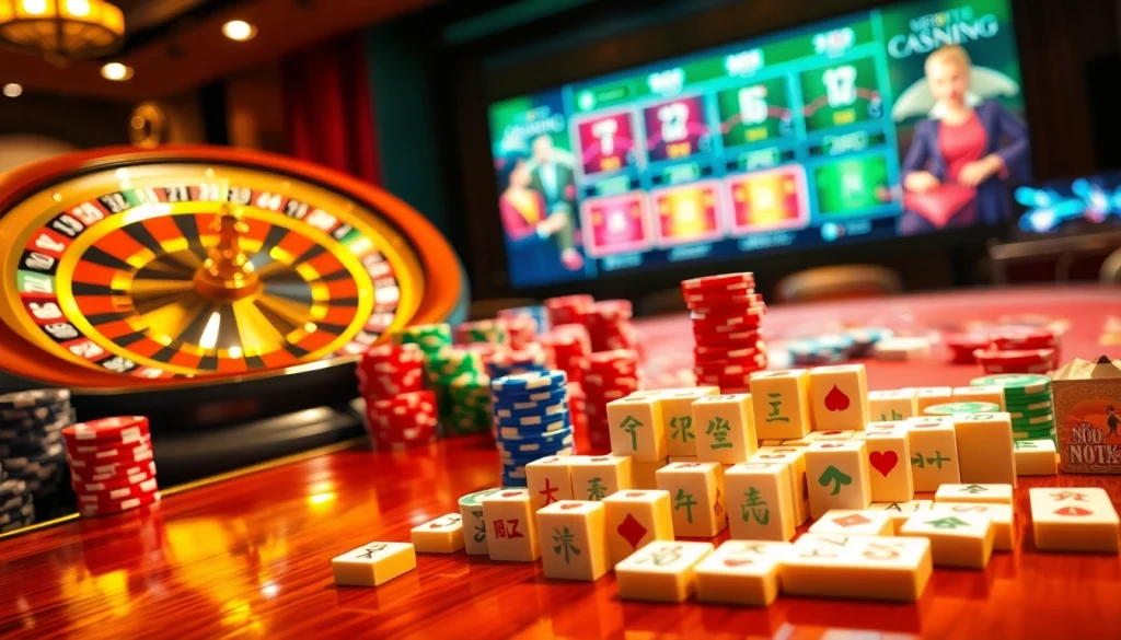 Engaging scene of players enjoying link mahjong among vibrant casino elements, showcasing excitement.