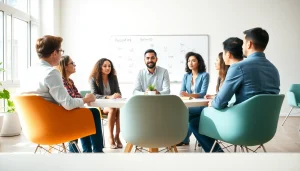 Engaged team discussing strategies in a business coaching service setting within a contemporary office.