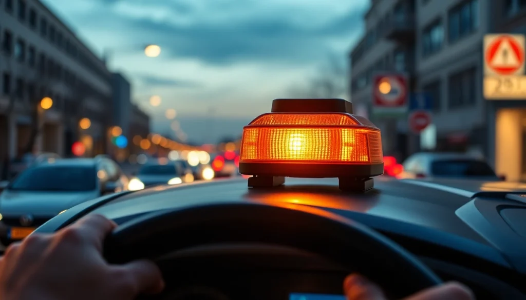 Warnleuchte V16 aktiv auf dem Dach eines Fahrzeugs in einer urbanen Umgebung platzieren.