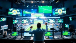Dynamic sports broadcasting scene showcasing an announcer in a modern studio with vibrant visuals.