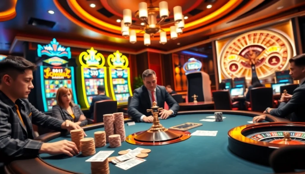 Experience thrilling gameplay at 388bet with vibrant poker tables and colorful slot machines.