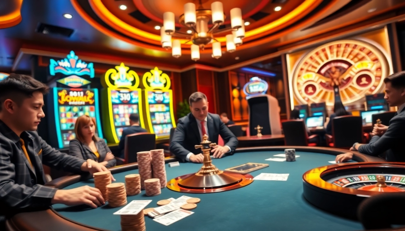 Experience thrilling gameplay at 388bet with vibrant poker tables and colorful slot machines.
