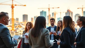 Engage in construction networking events with diverse industry professionals exchanging ideas.