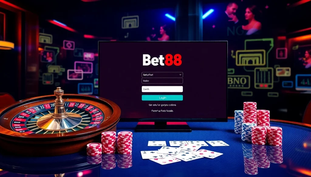 Experience the excitement of Bet88 đăng nhập with a vibrant casino scene featuring poker chips and cards.